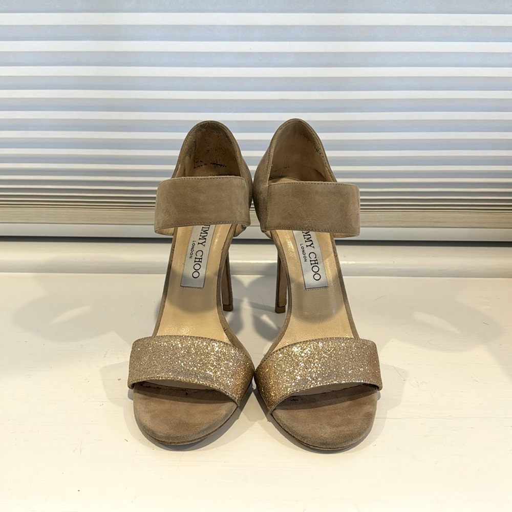 JIMMY CHOO suede/ fine glitter heels Nude color/ subtle gold glitter